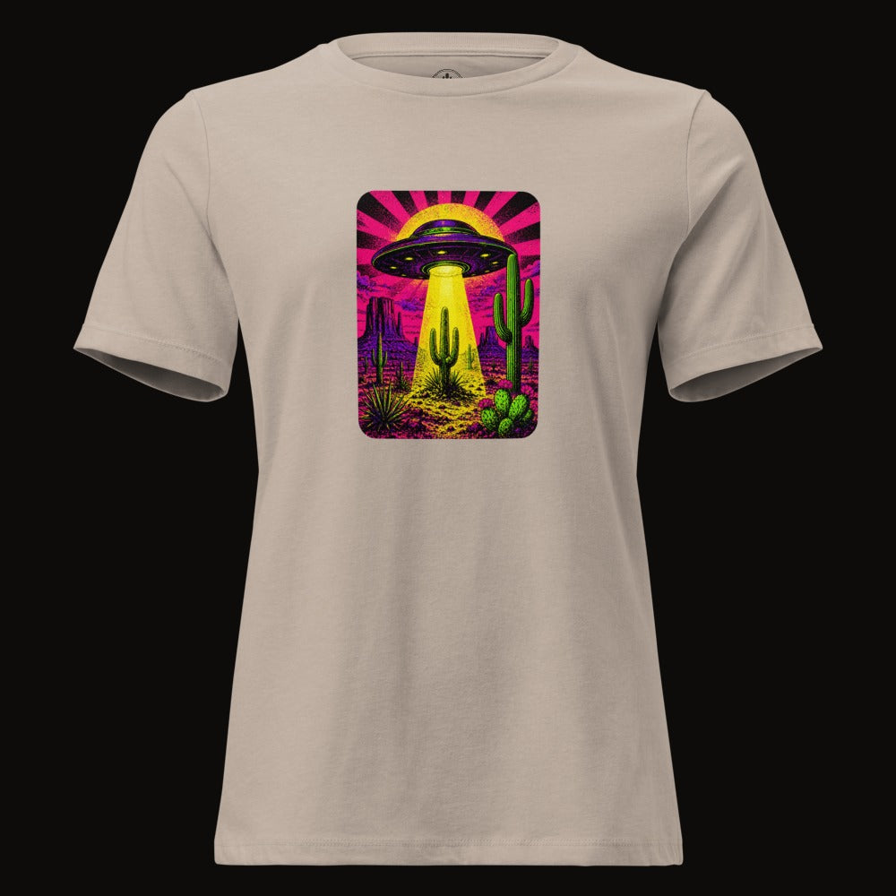 Heather Stone tee with the Neon Beam Desert UFO graphic