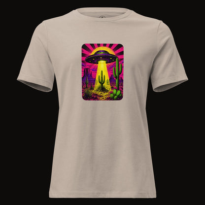Heather Stone tee with the Neon Beam Desert UFO graphic