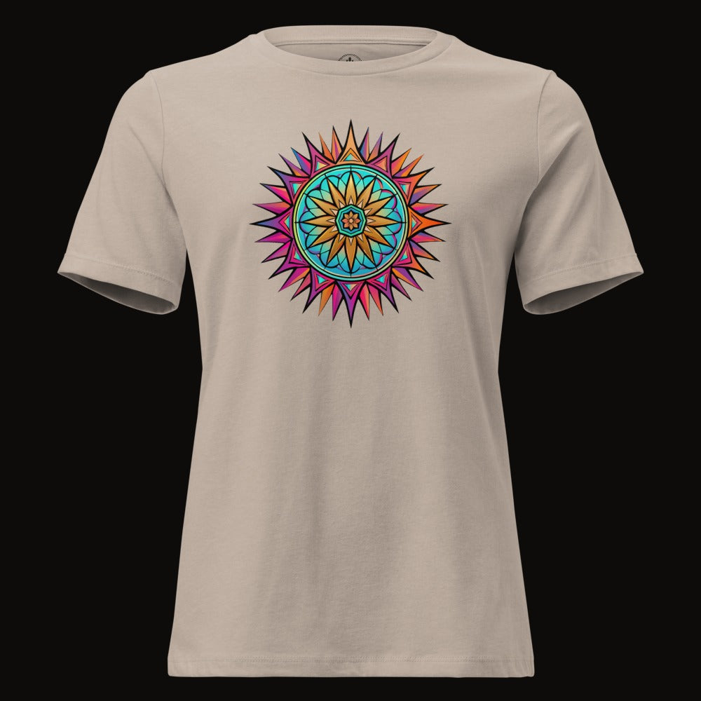 Heather Stone tee with the Neon Gradient Mandala graphic