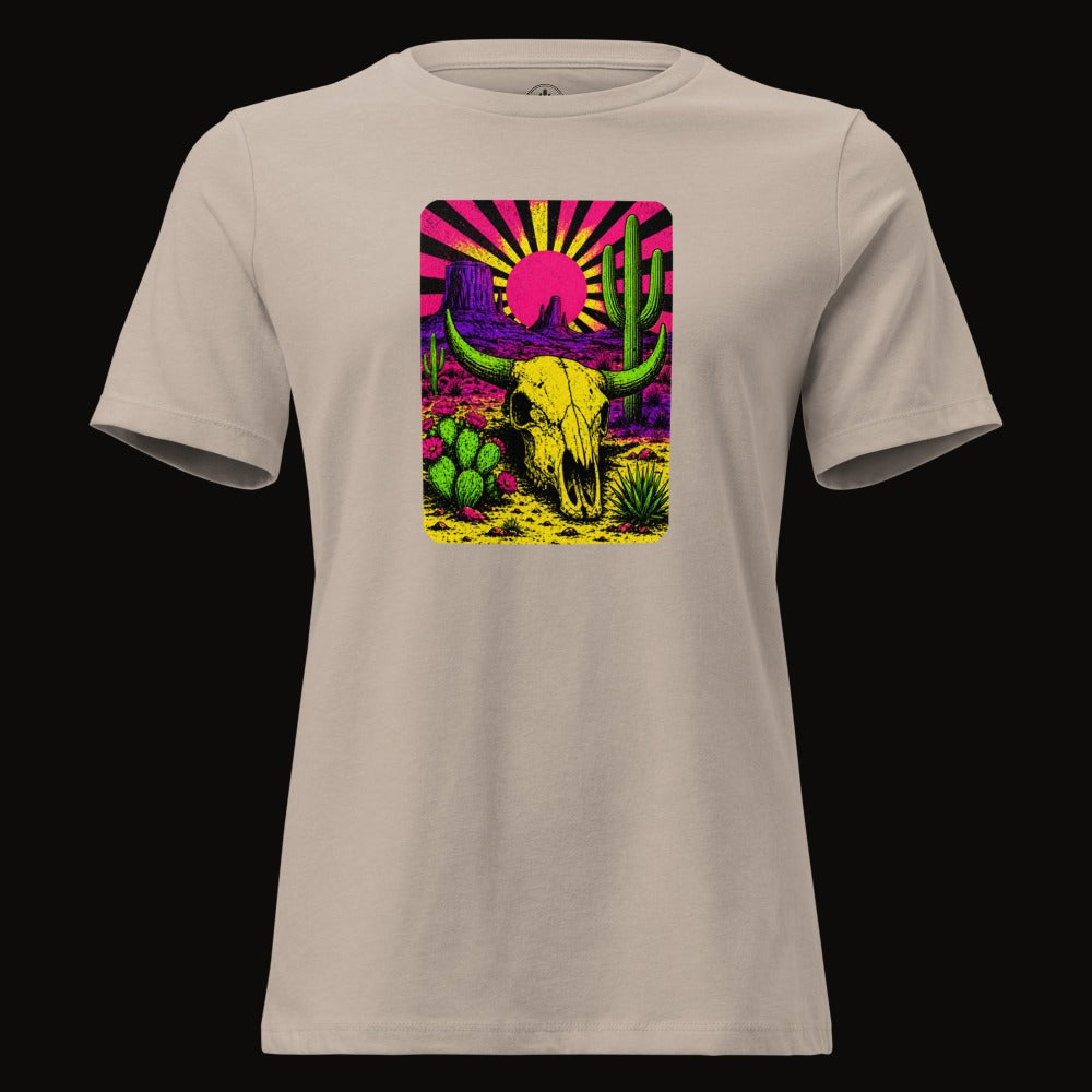 Heather Stone tee with the Neon Skull Sunburst Desert graphic