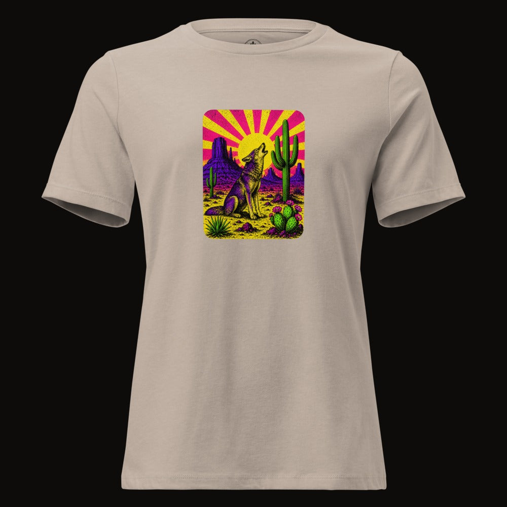 Heather Stone tee with the Neon Sunburst Howling Coyote graphic