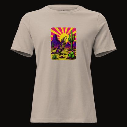 Heather Stone tee with the Neon Sunburst Howling Coyote graphic