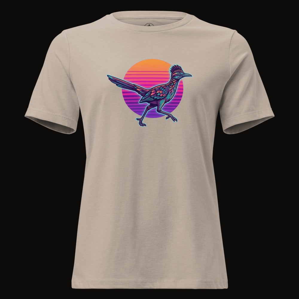 Heather Stone tee with the Synthwave Roadrunner Sunset graphic