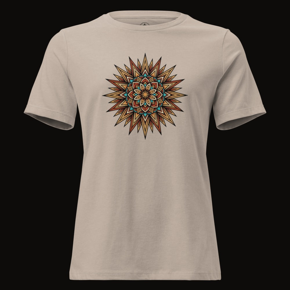 Heather Stone tee with the Desert Sun Mandala graphic
