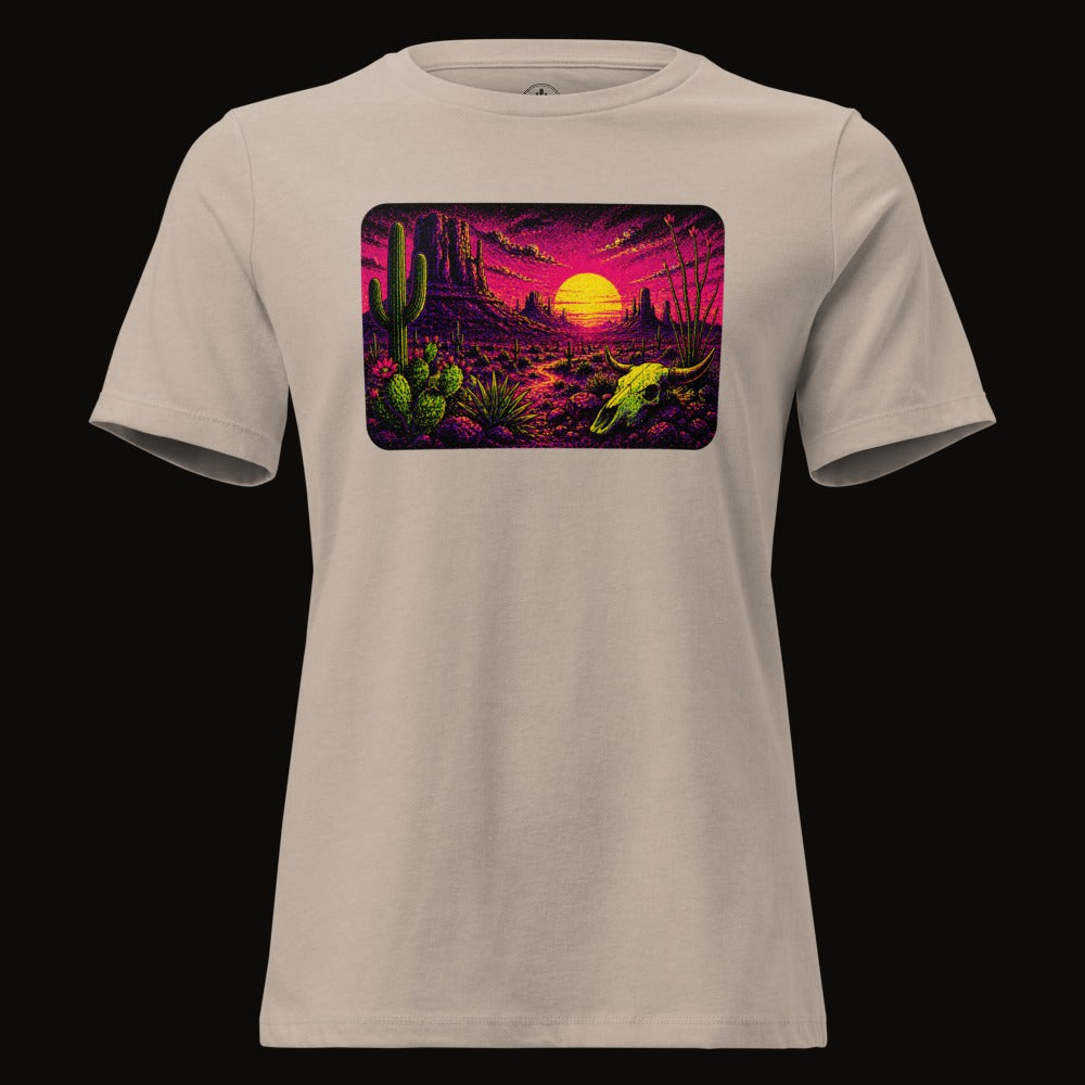 Heather Stone tee with the Blacklight Desert Skull Sunset graphic