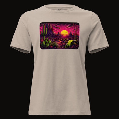 Heather Stone tee with the Blacklight Desert Skull Sunset graphic