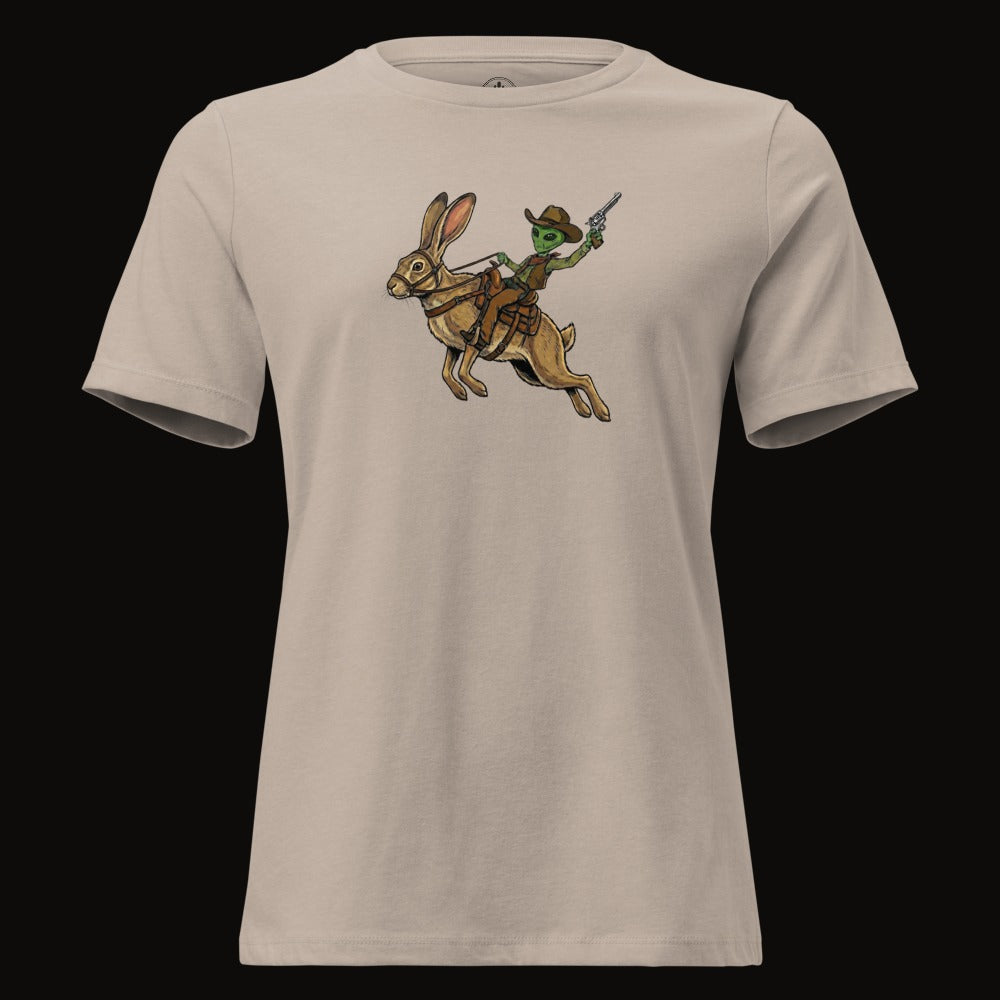 Heather Stone tee with the Alien Cowboy Jack Rabbit graphic