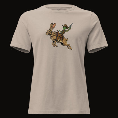 Heather Stone tee with the Alien Cowboy Jack Rabbit graphic