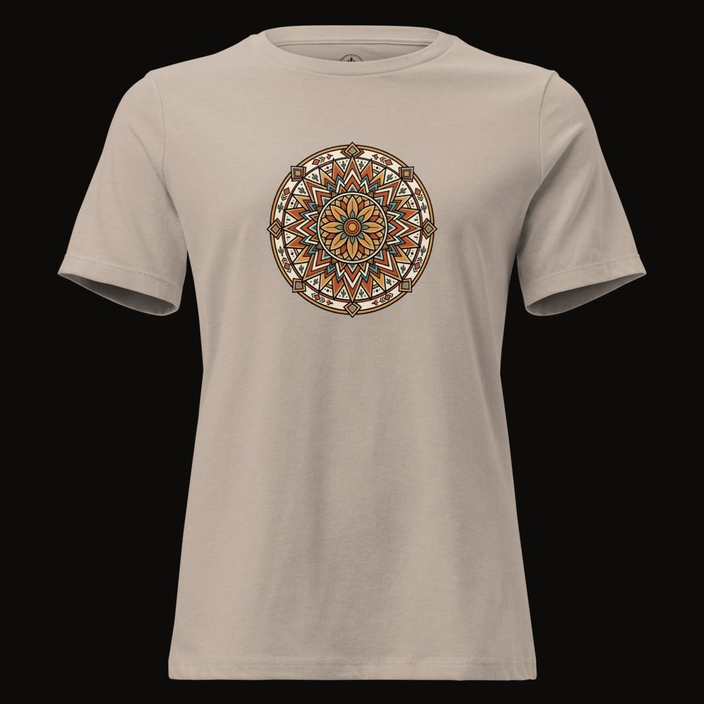 Heather Stone tee with the Desert Bloom Mandala graphic