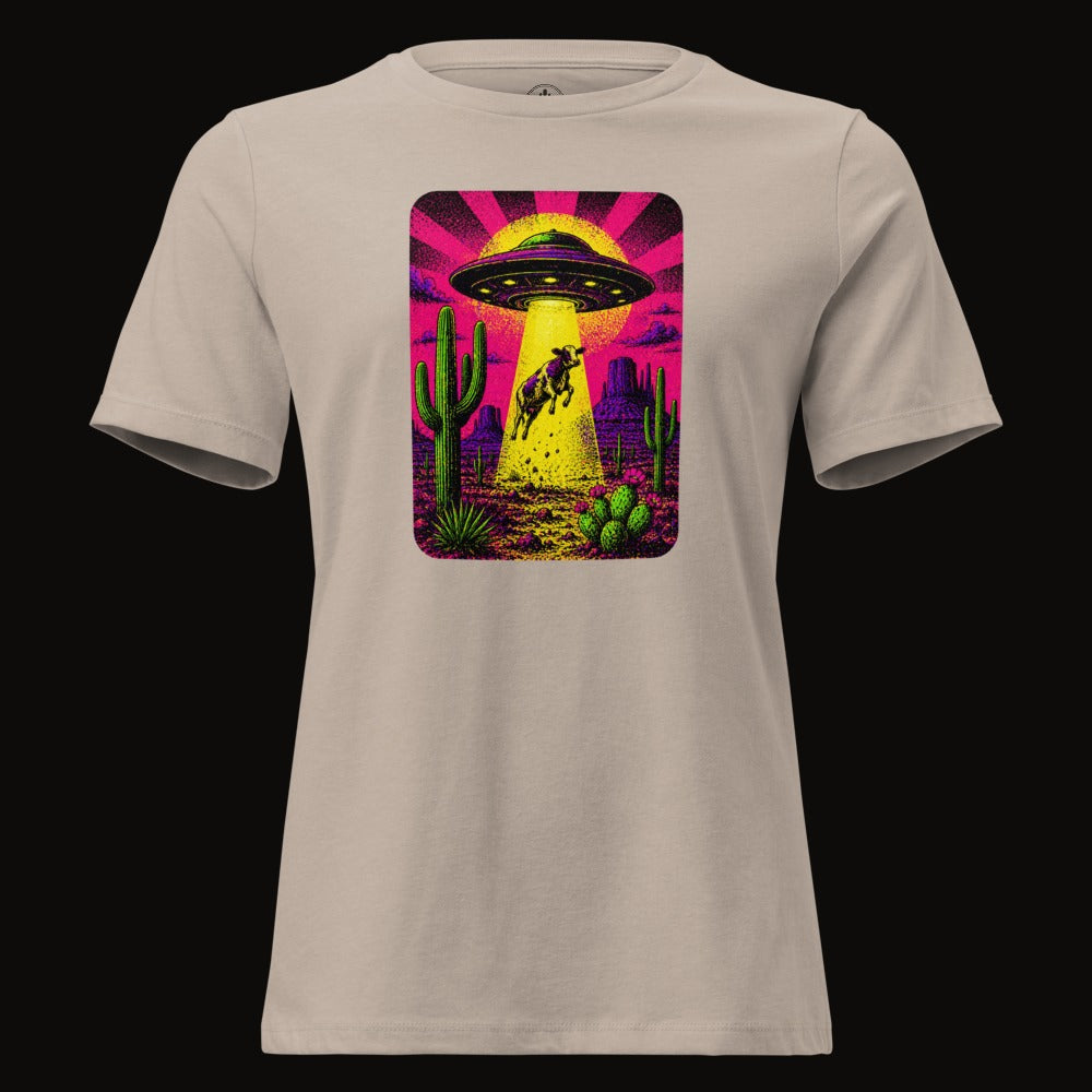 Heather Stone tee with the Neon Cow Abduction graphic