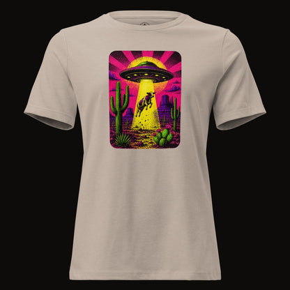 Heather Stone tee with the Neon Cow Abduction graphic
