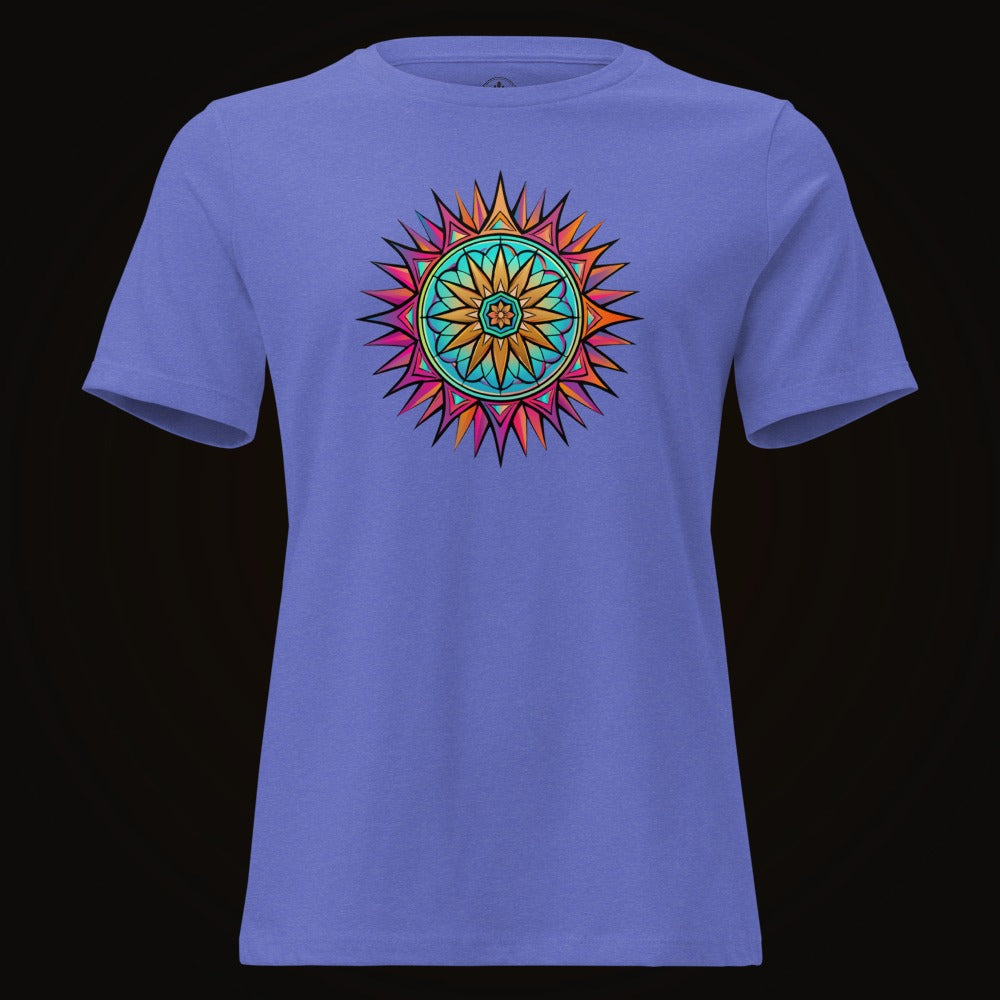 Heather True Royal tee with the Neon Gradient Mandala graphic
