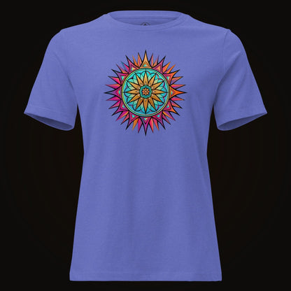 Heather True Royal tee with the Neon Gradient Mandala graphic