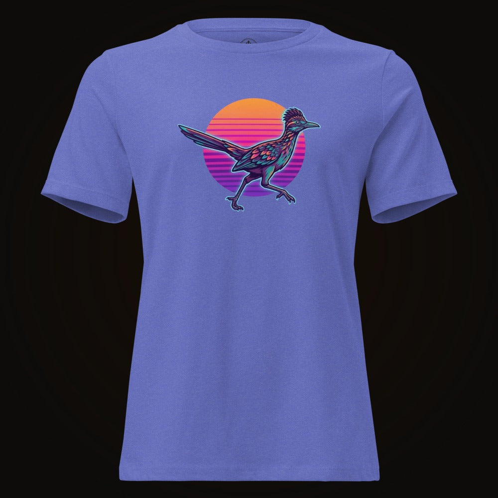Heather True Royal tee with the Synthwave Roadrunner Sunset graphic