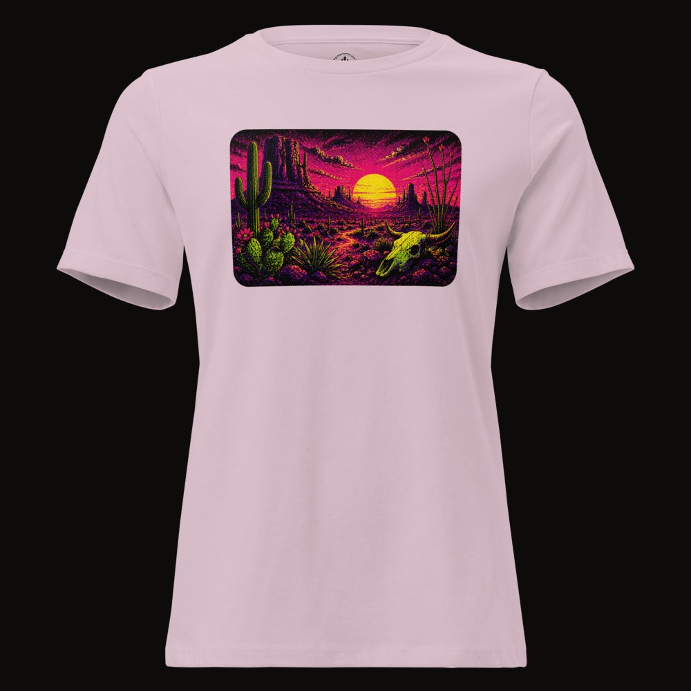 Light Violet tee with the Blacklight Desert Skull Sunset graphic