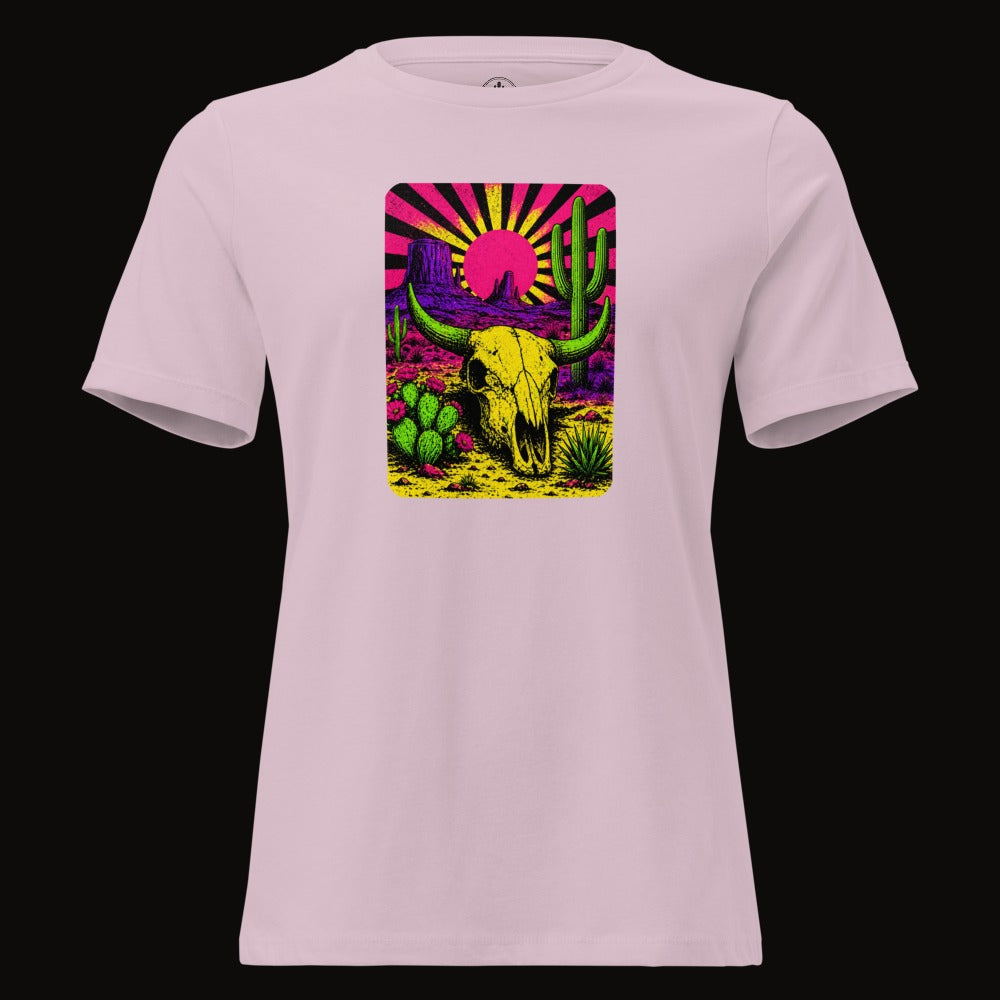 Light Violet tee with the Neon Skull Sunburst Desert graphic