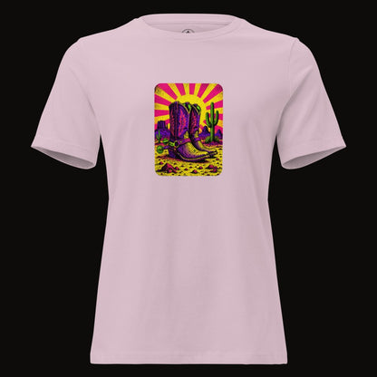 Light Violet tee with the Neon Sunburst Boots graphic