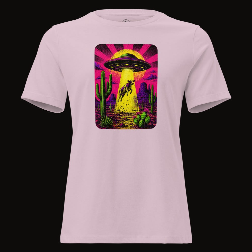 Light Violet tee with the Neon Cow Abduction graphic
