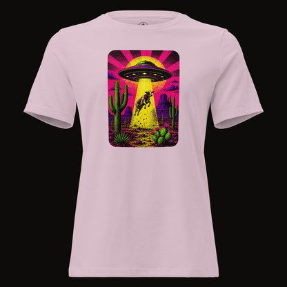 Light Violet tee with the Neon Cow Abduction graphic