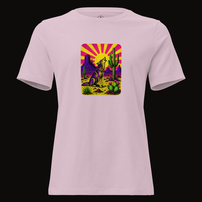 Light Violet tee with the Neon Sunburst Howling Coyote graphic