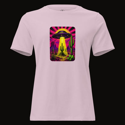 Light Violet tee with the Neon Beam Desert UFO graphic