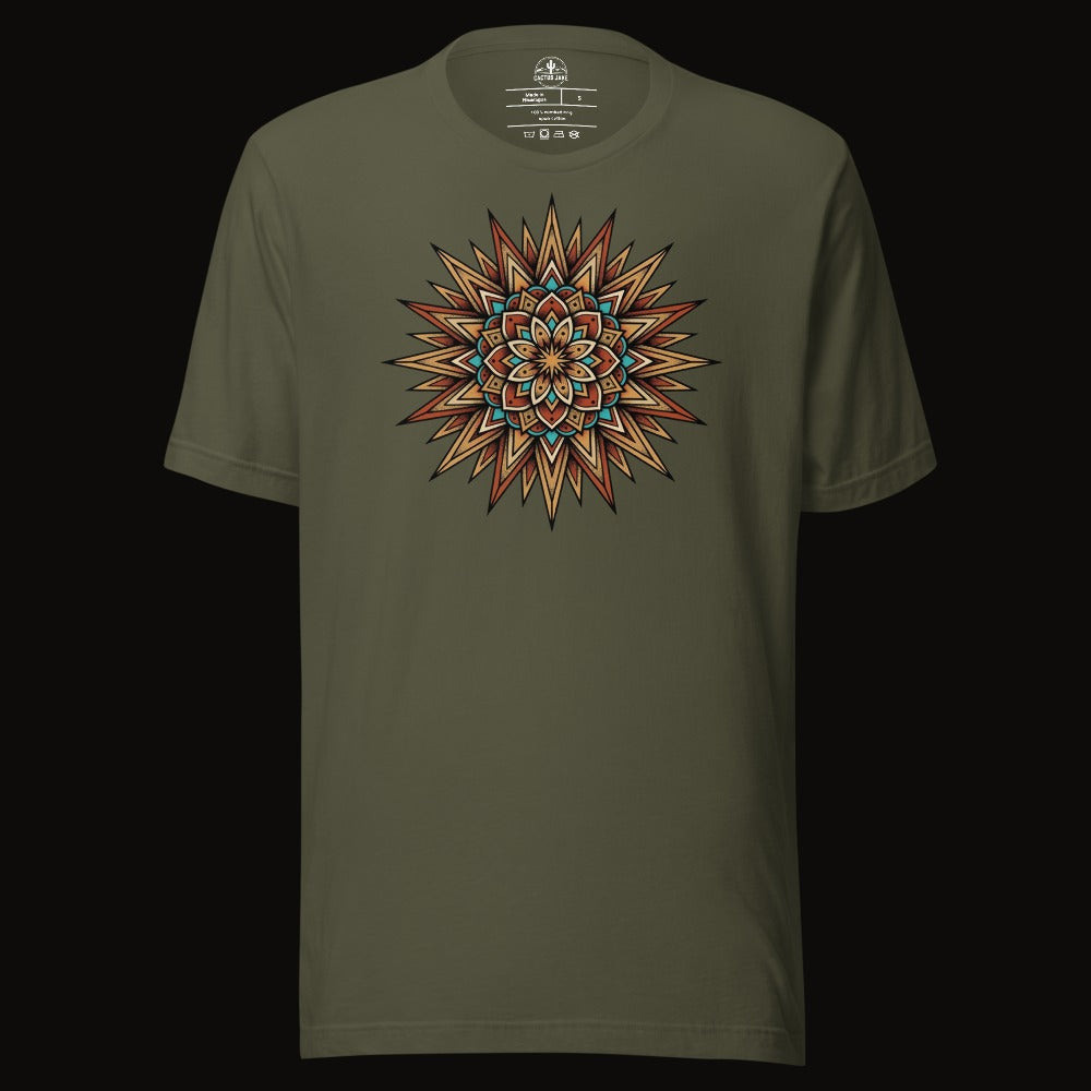 Military Green tee with the Turquoise Burst Mandala graphic