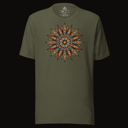 Military Green tee with the Turquoise Burst Mandala graphic