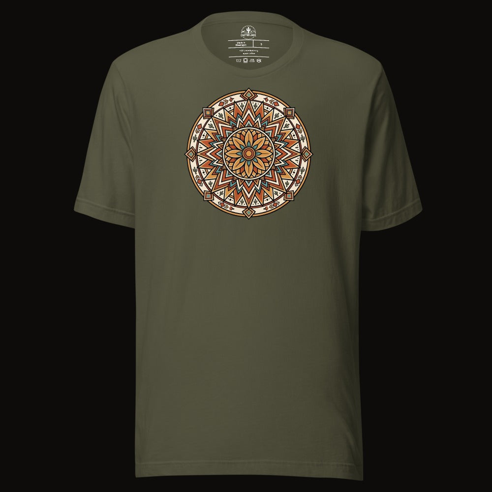 Military Green tee with the Desert Sunburst Mandala graphic