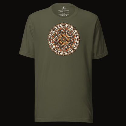 Military Green tee with the Desert Sunburst Mandala graphic