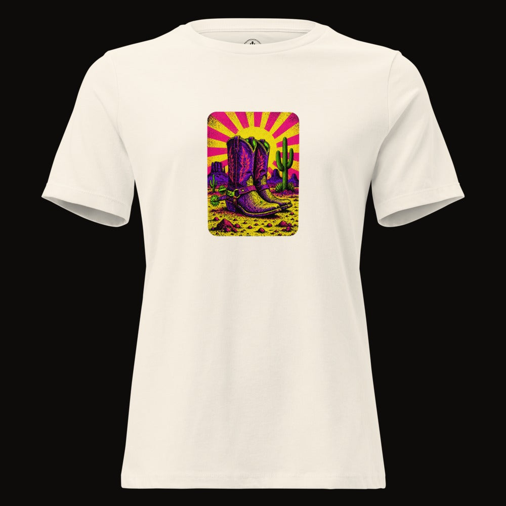 Natural tee with the Neon Sunburst Boots graphic