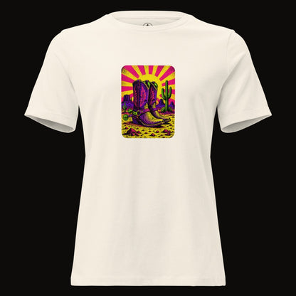 Natural tee with the Neon Sunburst Boots graphic