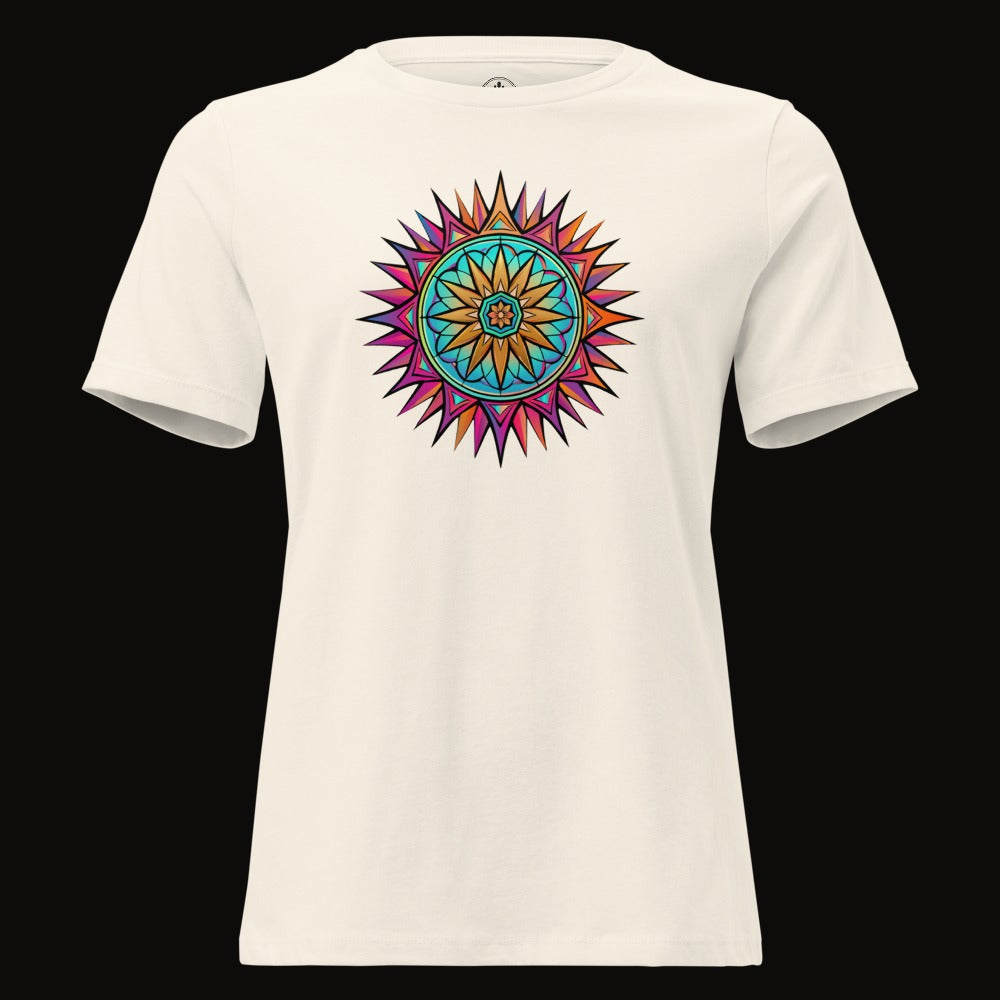 Natural tee with the Neon Gradient Mandala graphic
