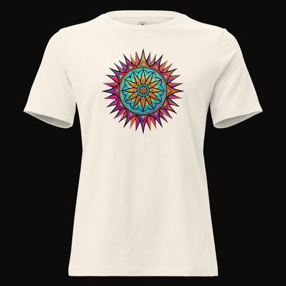 Natural tee with the Neon Gradient Mandala graphic