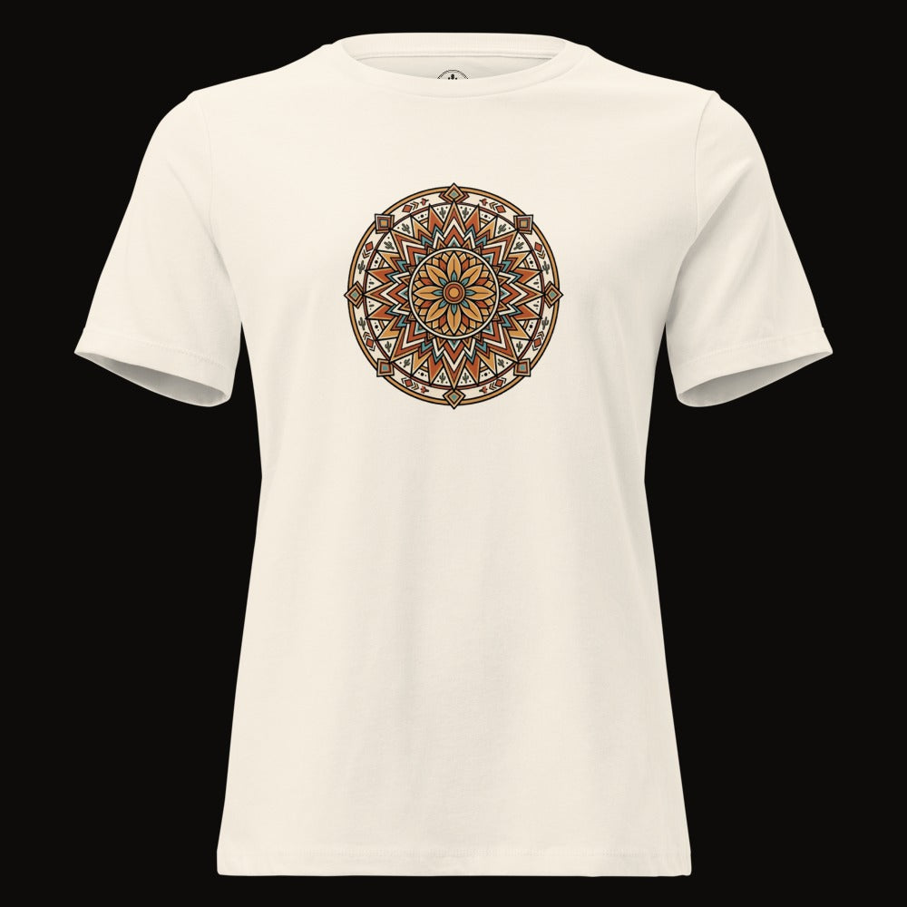 Natural tee with the Desert Bloom Mandala graphic