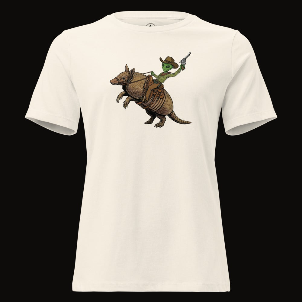 Natural tee with the Alien Cowboy Armadillo Rider graphic