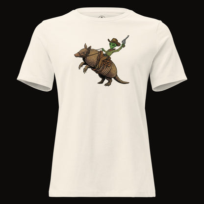 Natural tee with the Alien Cowboy Armadillo Rider graphic