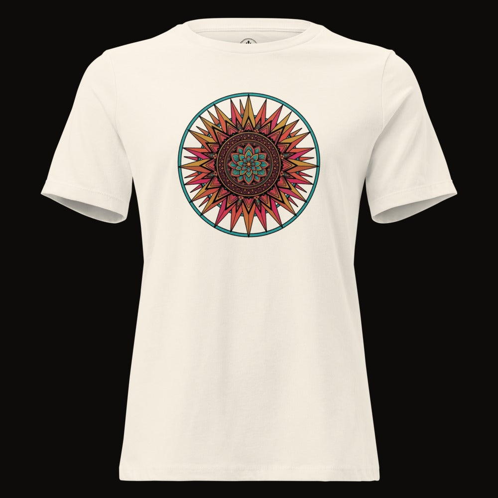 Natural tee with the Teal Ring Sunset Mandala graphic