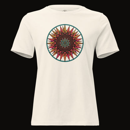 Natural tee with the Teal Ring Sunset Mandala graphic