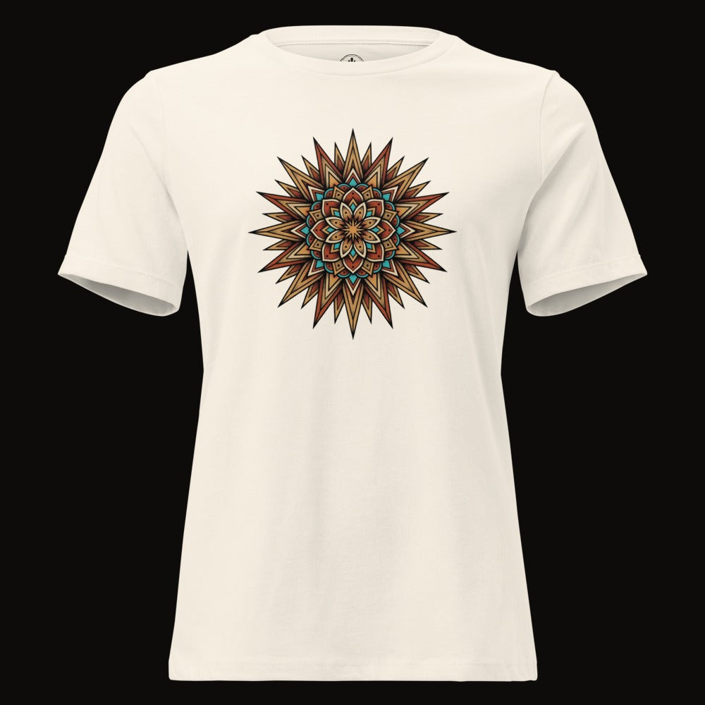 Natural tee with the Desert Sun Mandala graphic