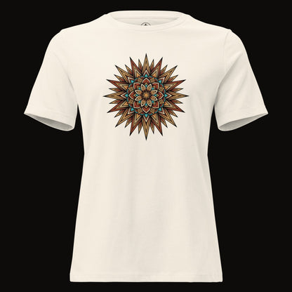 Natural tee with the Desert Sun Mandala graphic