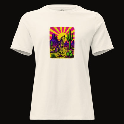 Natural tee with the Neon Sunburst Howling Coyote graphic