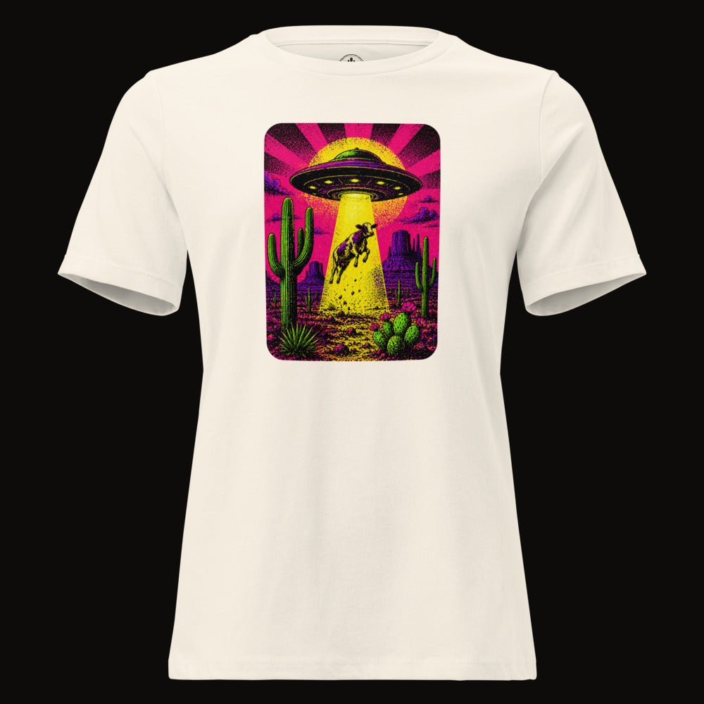 Natural tee with the Neon Cow Abduction graphic