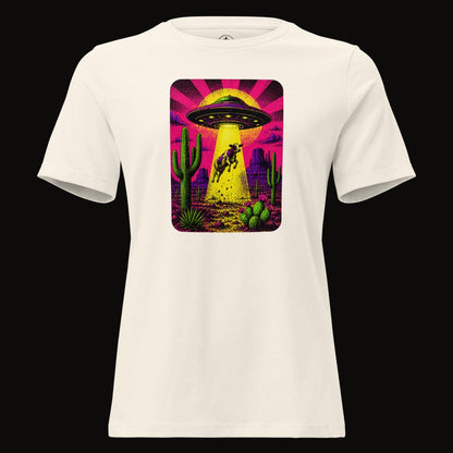 Natural tee with the Neon Cow Abduction graphic