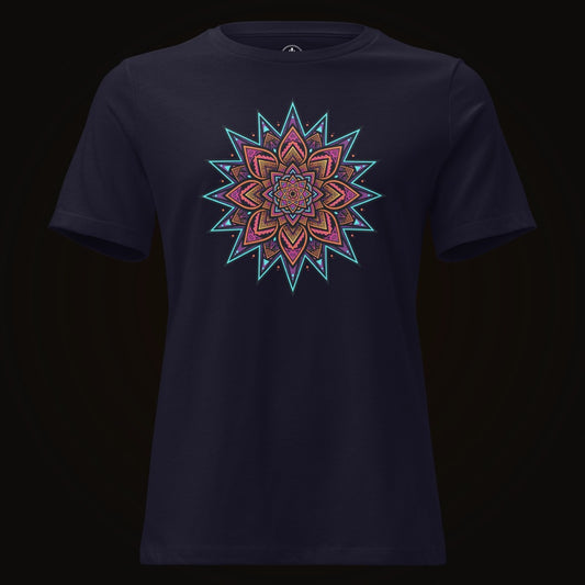Navy tee with the Neon Mandala Star graphic