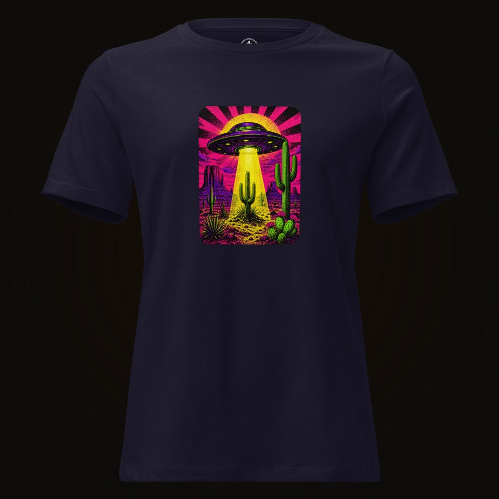 Navy tee with the Neon Beam Desert UFO graphic