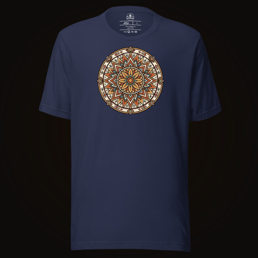 Navy tee with the Desert Sunburst Mandala graphic