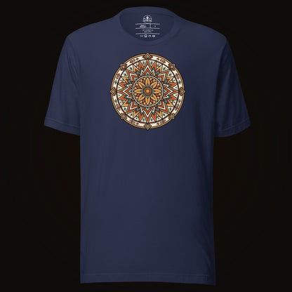 Navy tee with the Desert Sunburst Mandala graphic