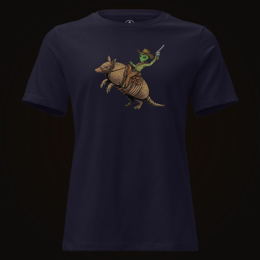 Navy tee with the Alien Cowboy Armadillo Rider graphic