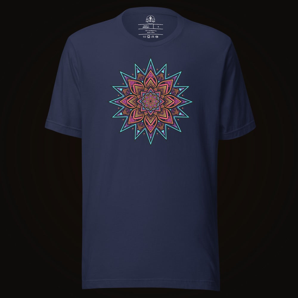 Navy tee with the Neon Burst Mandala graphic