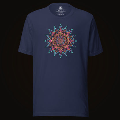 Navy tee with the Neon Burst Mandala graphic